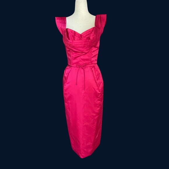 Vtg 50s Ceil Chapman Stunning Red Pink Satin Fitted Sheath Retro Cocktail Dress - Picture 3 of 13